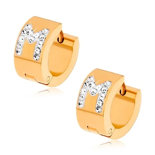 Zlatavé náušnice z oceli, bílé písmeno M s čirými kamínky