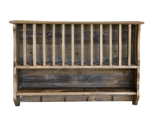 Hnědá antik dřevěná nástěnná polička s přihrádkami a háčky Plate Rack - 80*20*55 cm Chic Antique