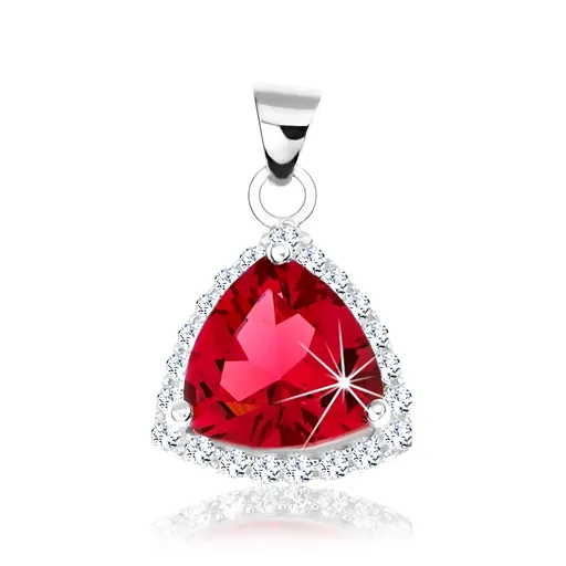 Stříbrný přívěsek 925, zaoblený trojúhelník, červený zirkon, blyštivá obruba