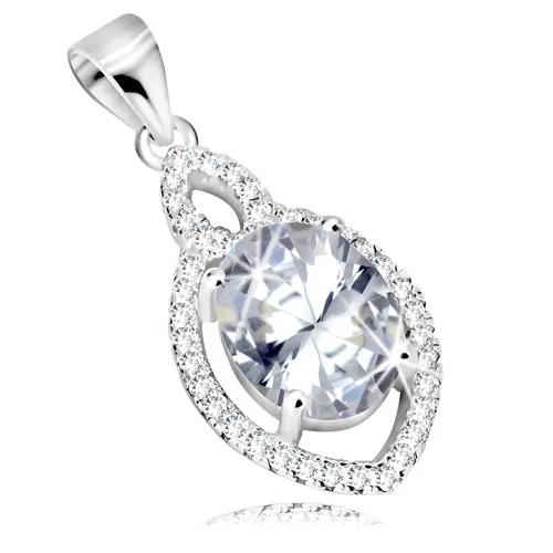 Stříbrný přívěsek 925, oválný zirkon čiré barvy, čirý lem ve tvaru zrníčka