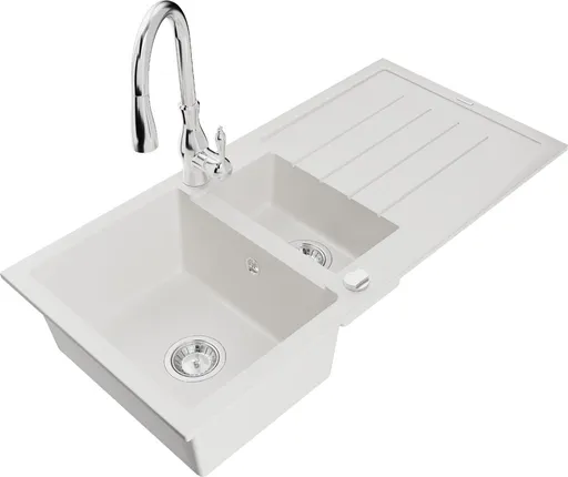 MEXEN/S Andres granitový dřez s odkapávačem včetně baterie Savita, bílá 6515-20-672601-00