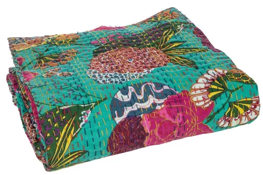 Veliký tyrkysový bavlněný pléd s prošíváním Beach Plaid- 270*220*0,5 cm J-Line by Jolipa