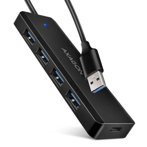 AXAGON HUE-C1A cestovní čtyřportový USB-A 5Gbps hub/USB-C konektor pro externí napájení/kabel 19 cm