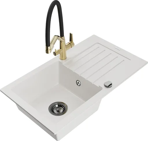 MEXEN/S Pablo granitový dřez s odkapávačem včetně baterie Duo, bílá 6510-20-671701-57-B