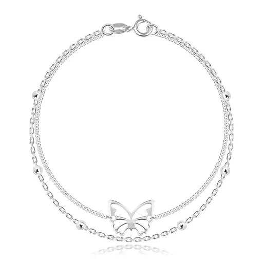 Stříbrný náramek 925 - dvojitý řetízek, motýl s vyřezávanými křídly