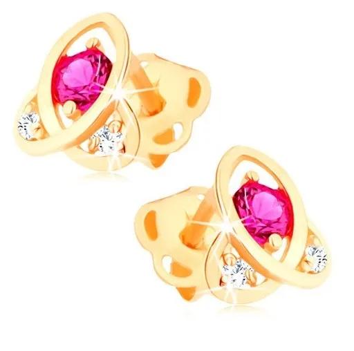 Náušnice ze žlutého 14K zlata - keltský uzel, jeden růžový a dva čiré zirkony
