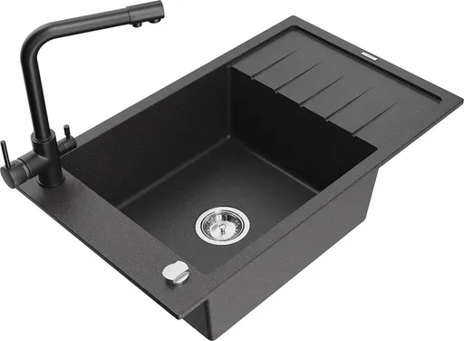 MEXEN/S Elias granitový dřez 1-miska včetně baterie Duero, černá kropenatá 6511-76-671600-70