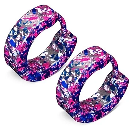 Náušnice z oceli stříbrné barvy - modré, bílé a neonově růžové skvrny