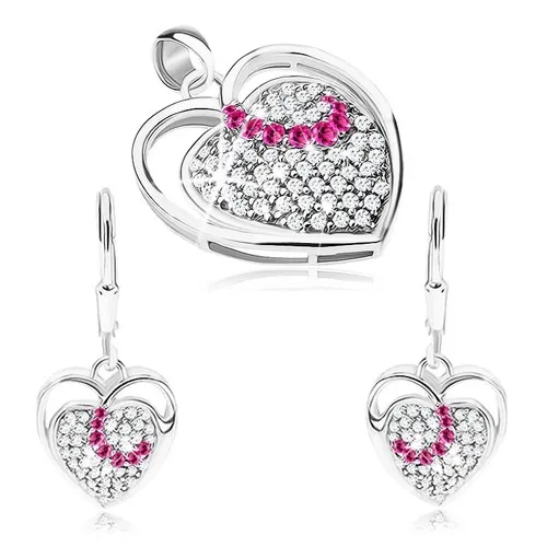 Stříbrná sada 925, náušnice a přívěsek, obrys srdce, srdíčko ze zirkonů