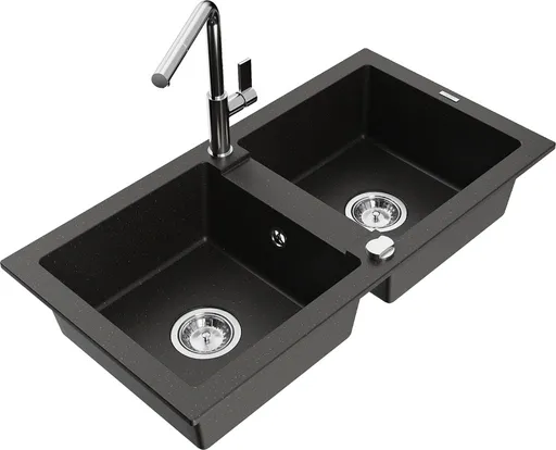 MEXEN/S Mario granitový dřez 2-bowl včetně baterie Flora, černá/zlatá metalik 6504-75-670401-00