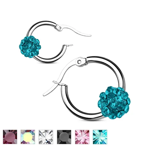 Náušnice z chirurgické oceli, hladký kroužek s třpytivou kuličkou - Barva: Aqua modrá