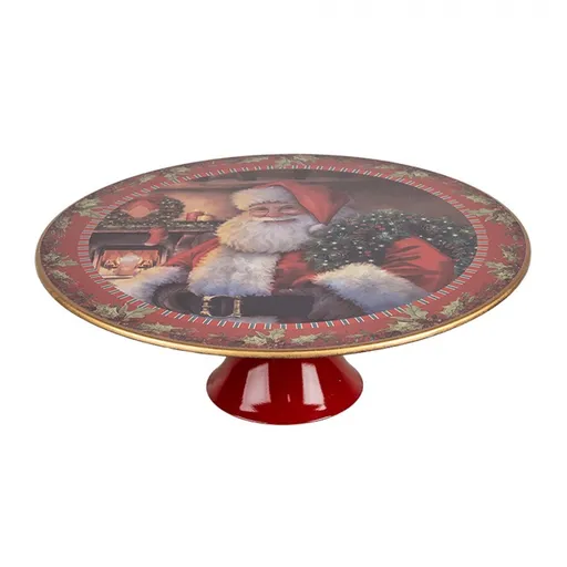Červený vánoční plastový podnos na dort Santa Claus L - Ø 29*10 cm Clayre & Eef