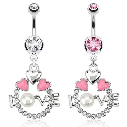 Ocelový piercing do pupíku - kruh, srdce, nápis LOVE s perlou - Barva zirkonu: Čirá - C