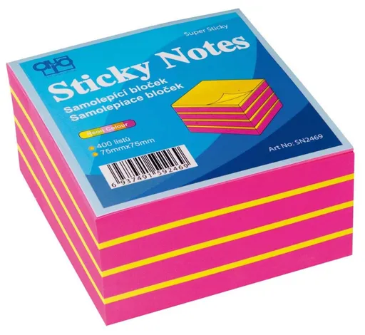 Bloček samolepící 75x75mm růžovo-žlutý neon 400 listů Auro