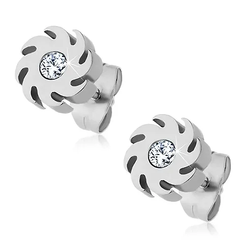 Náušnice z oceli 316L, stříbrný odstín, slunce se zatočenými paprsky a zirkonem