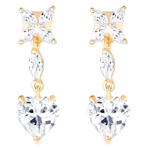 Zlaté náušnice 585 - čirý kvítek, zrnko a souměrné srdíčko ze zirkonu