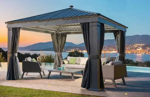 DEOKORK Zahradní hliníkový altán PREMIUM 3,9 x 3,9 m (šedá) + závěsy