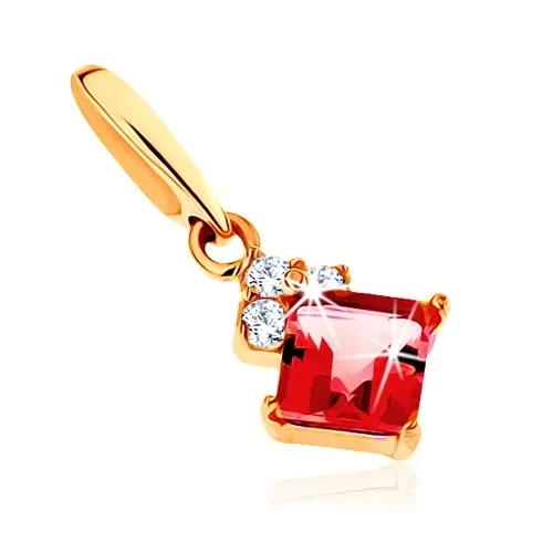 Přívěsek ve žlutém 14K zlatě, čtvercový červený granát, čiré zirkonky
