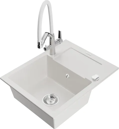 MEXEN/S Enzo granitový dřez s odkapávačem včetně baterie Duo, bílá 6506-20-671701-02