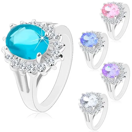 Prsten stříbrné barvy, velký zirkonový ovál, obruba z čirých zirkonků - Velikost: 52, Barva: Čirá