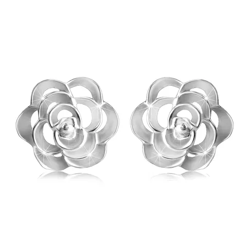Stříbrné 925 náušnice - vyřezávaná růže s okvětními lístky, puzetové zapínání