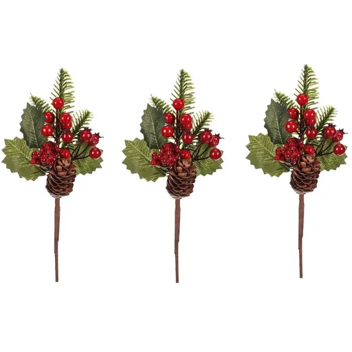 Sada větviček s šiškami a bobulemi, 3 ks, červená, 24 cm