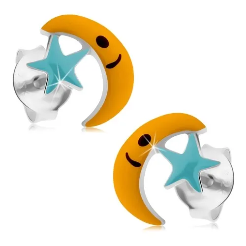 Stříbrné náušnice 925, žlutý měsíc a světle modrá hvězdička, puzetky
