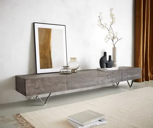 TV stolek Wyatt 220 cm akácie platina 4 zásuvky podnož ve tvaru