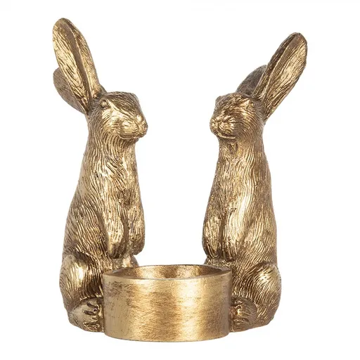 Zlatý antik svícen na čajovou svíčku s králíky - 10*8*12 cm Clayre & Eef