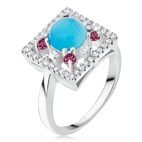 Prsten ze stříbra 925 - zirkonový čtverec, tyrkysový kamínek - Velikost: 49