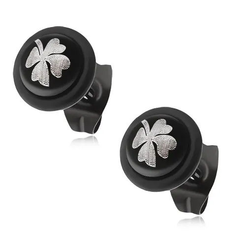 Ocelové puzetové náušnice - černá kulička s gumičkou, šedý čtyřlístek