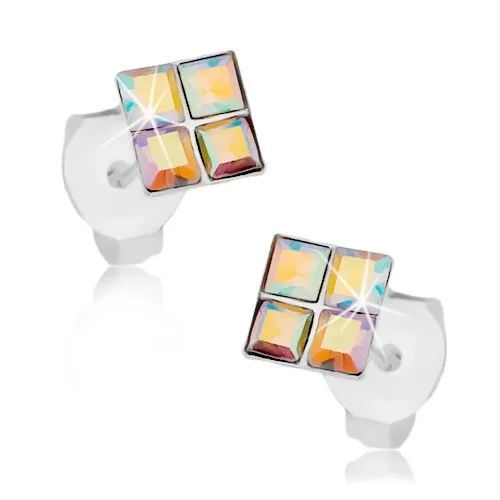 Puzetové náušnice ze stříbra 925, čtvereček z duhových krystalů Swarovski