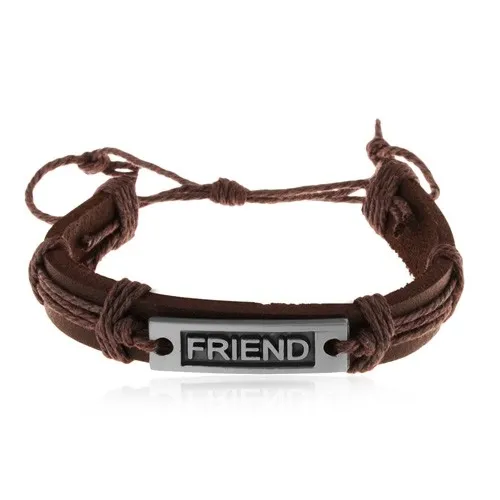 Nastavitelný hnědý náramek z kůže a motouzků, ocelová známka - FRIEND