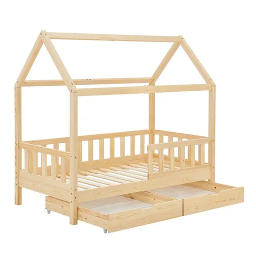 Domečková postel 90x200 cm s roštem a šuplíky, přírodní