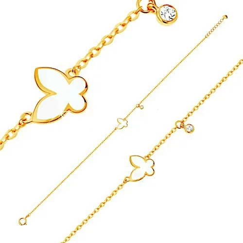 Náramek ze žlutého zlata 585 - glazovaný bílý motýl a kulatý zirkonek čiré barvy