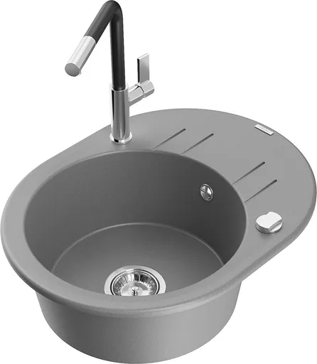 MEXEN/S Kevin granitový dřez 1-miska s odkapávačem včetně baterie Flora, šedá 6517-71-670401-07