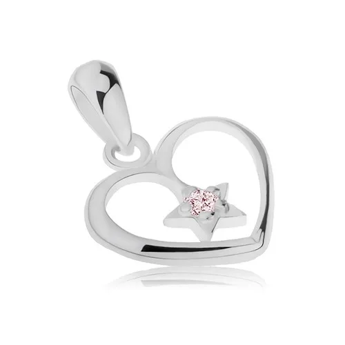 Stříbrný přívěsek 925, lesklý obrys srdce, hvězdička se zirkonem