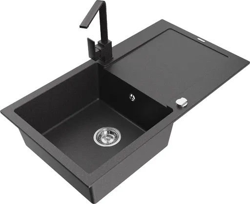 MEXEN/S Leo granitový dřez 1-miska s odkapávačem včetně baterie Rita, černý kropenatý 6501-76-670300-76