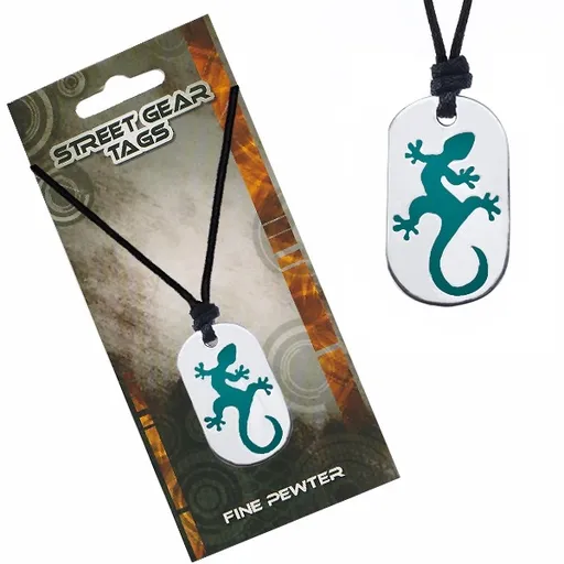 Černý šňůrkový náhrdelník, stříbřitý přívěsek se zelenou ještěrkou