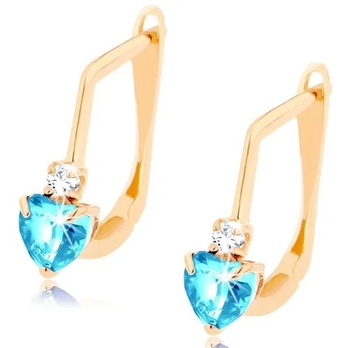 Zlaté náušnice 585 - modré srdce ze syntetického topasu, kulatý zirkonek čiré barvy