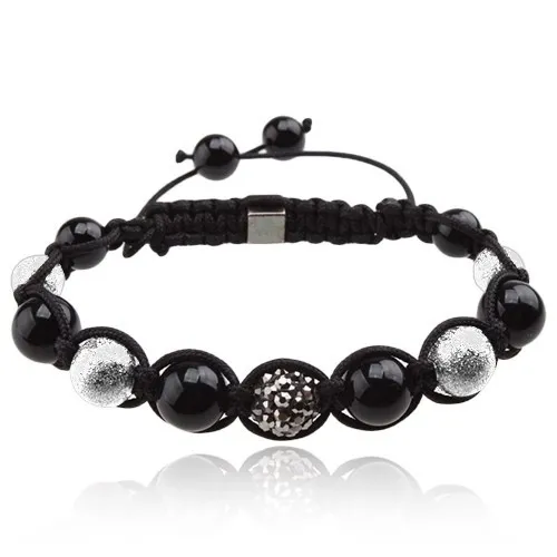 Náramek Shamballa - černé a šedé korálky, černá zirkonová kulička