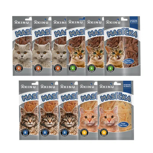 Akinu MASÍČKA Jehněčí & kachní & králičí & kuřecí pamlsek pro kočky 11 balení 50 g