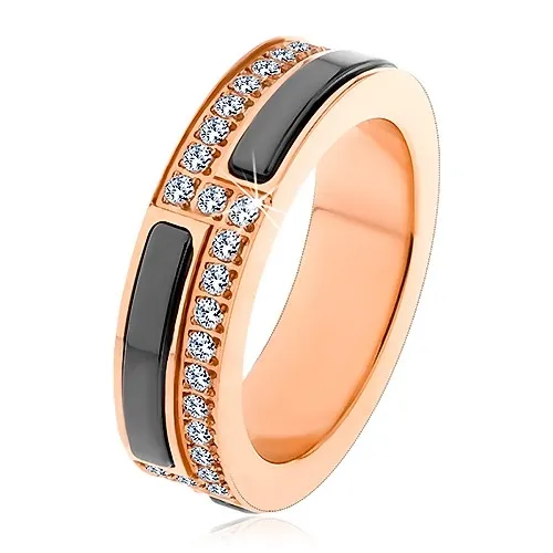 Prsten z chirurigické oceli měděné barvy, pásy z černé keramiky a zirkonů - Velikost: 51