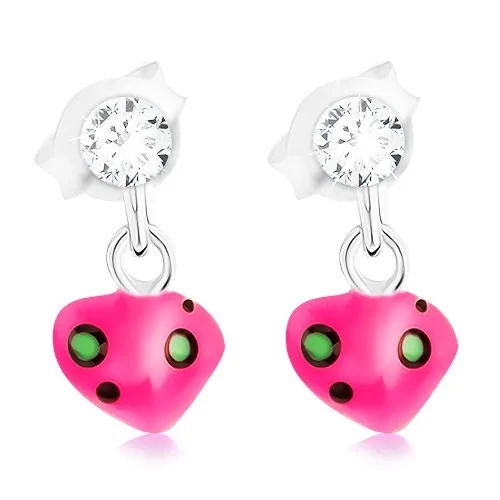 Náušnice ze stříbra 925, srdíčko s růžovou glazurou, krystal Swarovski