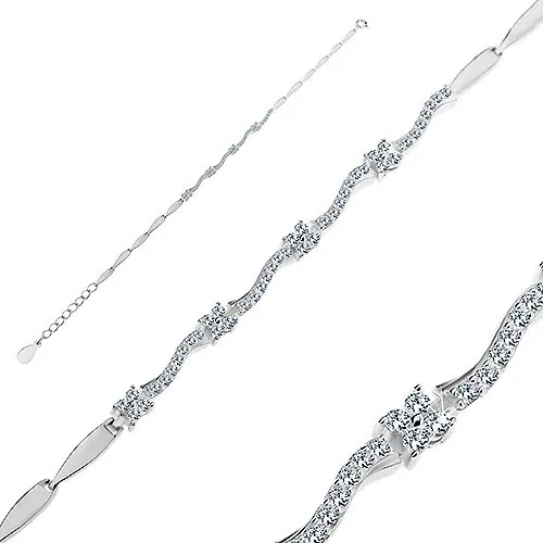 Náramek ze stříbra 925, drobné květy a vlnky ze zirkonů, podlouhlé články