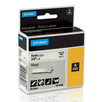 Dymo originální páska do tiskárny štítků, Dymo, 18443, S0718580, černý tisk/bílý podklad, 5.5m, 9mm, RHINO vinylová profi D1