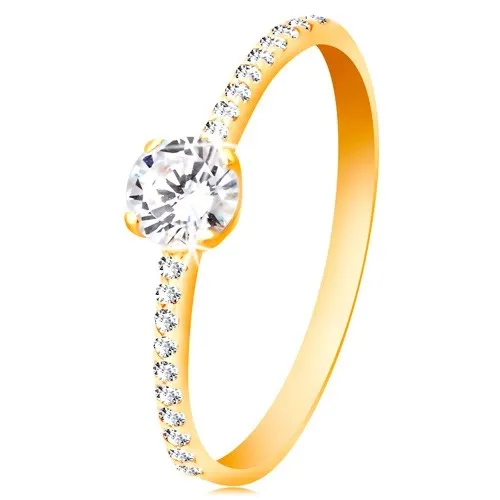 Prsten ze žlutého 14K zlata - kulatý čirý zirkon, tenké zirkonové linie po stranách - Velikost: 58