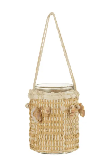 Skleněný závěsný svícen s béžovým lýkem a mušlemi Sea - Ø 8*11cm J-Line by Jolipa