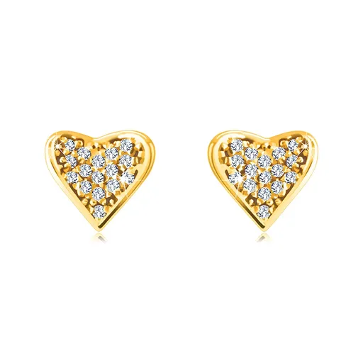 Zlaté 14K náušnice - srdce vykládaná drobnými kulatými zirkony, úchyty ve tvaru teček