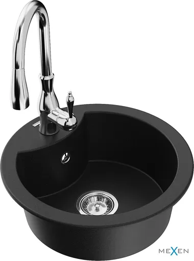 MEXEN/S Diego granitový dřez 1-miska včetně baterie Savita, černá 6512-77-672601-00